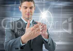 Digital composite image of businessman touching device