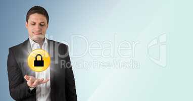 Business man with yellow lock graphic and flare in hand against blue background