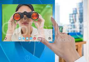 Hand touching Social Video Chat App Interface with woman holding binoculars