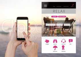 Hand Touching phone and relaxing holiday break App Interface with sea