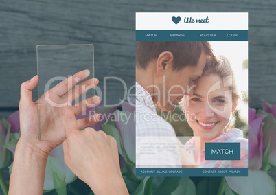 Hand holding a glass tablet with Dating App Interface