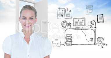 Smiling businesswoman with graphics in background