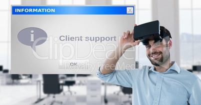 Customer support executive wearing VR glasses by dialog box