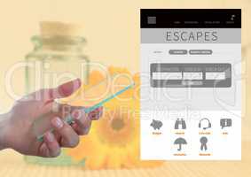 Hand holding glass screen and Escapes holiday break App Interface