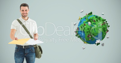 Delivery man giving parcel by low poly earth Delivery man giving parcel by low poly earth
