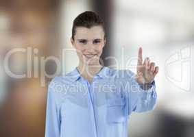 Happy businesswoman touching futuristic screen