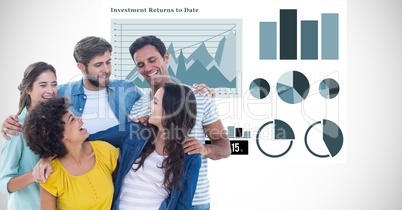 Casual business people with arms around against graphs