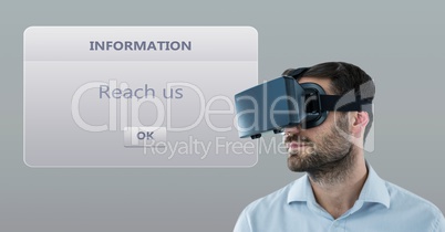 Male customer support executive wearing VR Glasses with dialog box in background