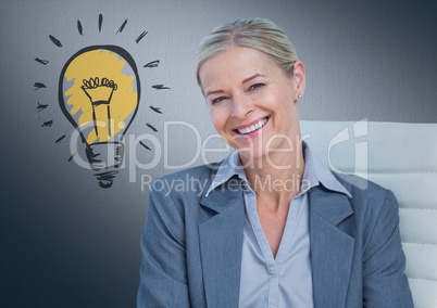 Business woman in chair with lightbulb doodle against navy background
