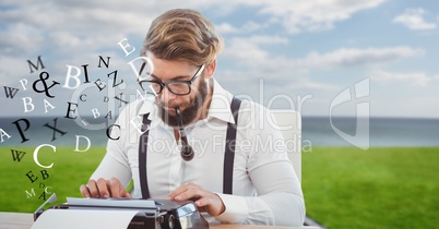 Hipster smoking pipe while using typewriter by flying letters