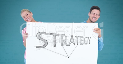Friends holding billboard with strategy text while standing against green background