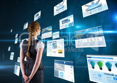 panels with websites(blue) dark blue background. Business woman with plait with his hands on the bac