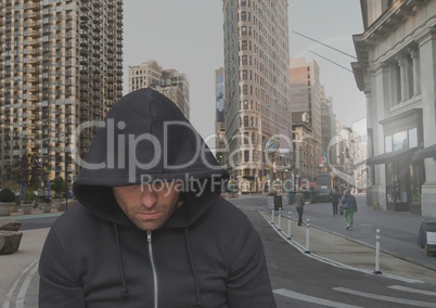 Criminal man on grey city street