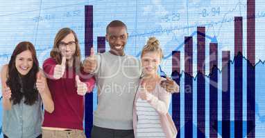 Hippie business people showing thumbs up against graph
