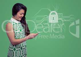 Woman with phone and white lock graphic against green background