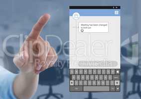 Hand Touching Social Media Messenger App Interface in meeting room