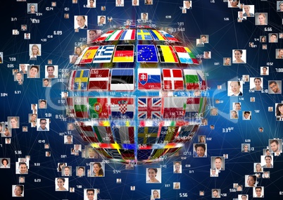 panel with flags on a ball and photo connections