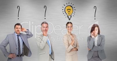 Business people with light bulb and question mark graphics
