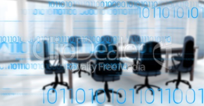 Blue binary code against blurry office
