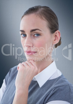 Close up of business woman thinking against navy background