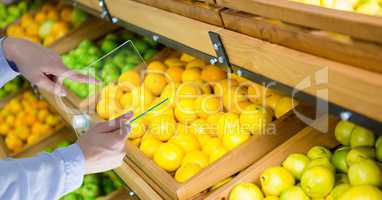 Hands taking picture of lemons with transparent device