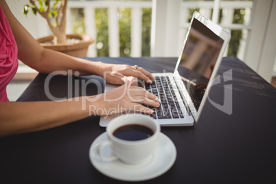 Woman using laptop in restaurant