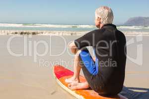 Rear view of senior man sitting on surfboard against sea