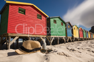 Close up of sunhat and sunglasses on sand