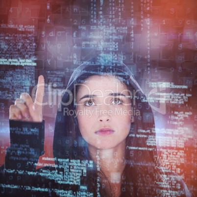 Composite image of young female hacker using digital screen