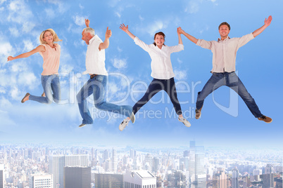Composite image of men and women jumping against white background