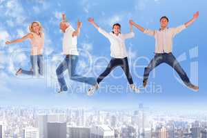 Composite image of men and women jumping against white background