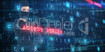 Composite image of portrait of confident female hacker standing with arms crossed