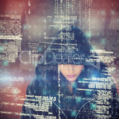 Composite image of female spy in hoodie