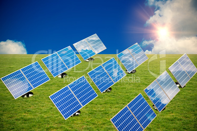 Composite image of graphic image of 3d blue solar panel arranged in rows