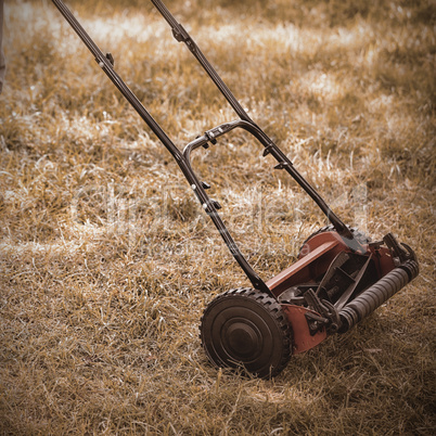 Man with lawnmower on grass