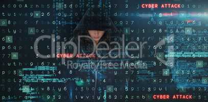 Composite image of female hacker in black hoodie
