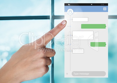 Hand Touching Messenging Social media App Interface by window