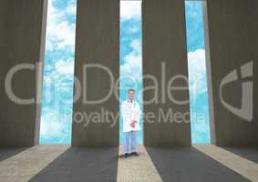 Doctor standing against doorways