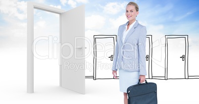 Smiling businesswoman holding briefcase against real and drawn doors
