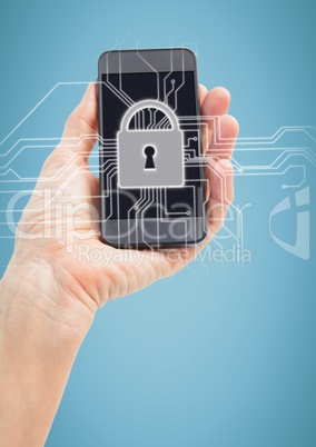 Hand with phone and white lock graphic against blue background