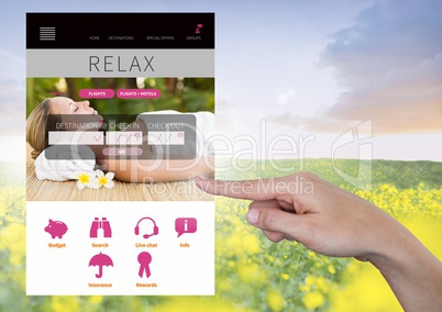 Hand Touching Relaxing holiday break App Interface with meadow