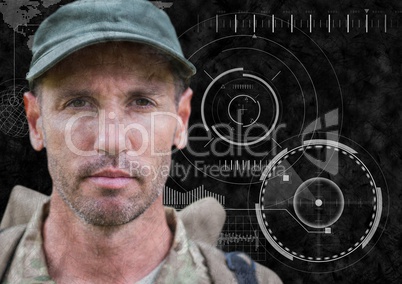 Soldier face against black background with interface and grunge overlay