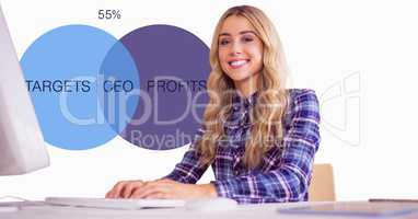 Smiling businesswoman using computer against text