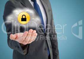 Business man mid section with cloud and yellow lock graphic in hand against blue background