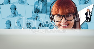 Redhead woman using headset against portraits