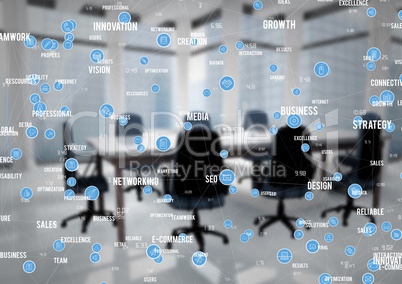White and blue network against blurry meeting room