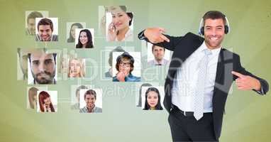 Excited male customer care representative gesturing by flying business portraits