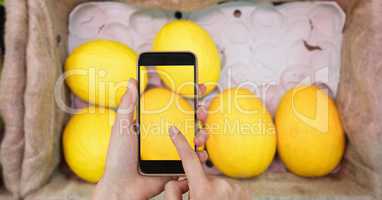 Hands taking picture of mangoes with mobile phone in grocery store