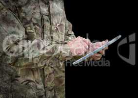 Soldier mid section with tablet against black background with grunge overlay
