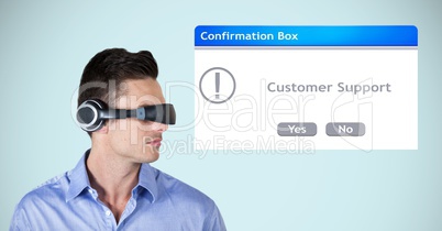 Businessman wearing VR headphones by confirmation box